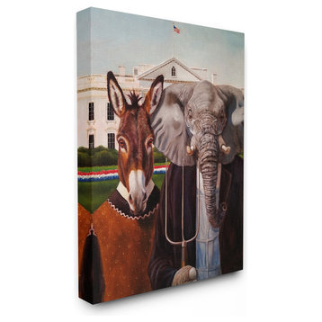 Political Satire American Gothic Farm Animal Painting Canvas, 16"x20"