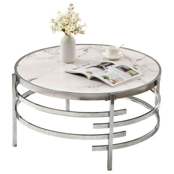 Elegant Coffee Table, Round Accented Open Metal Frame & Faux Marble Top, Silver