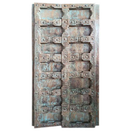 Consigned Antique India Doors Rustic Farmhouse Blue Distressed Door 84x45