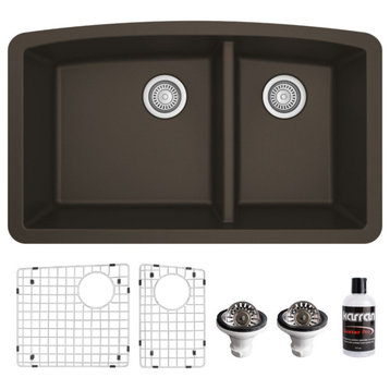 Karran Undermount Quartz 32" 60/40 Double Bowl Kitchen Sink Kit, Brown
