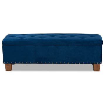 Large Storage Ottoman, Velvet Upholstery With Nailhead & Button Tufted Lid, Blue