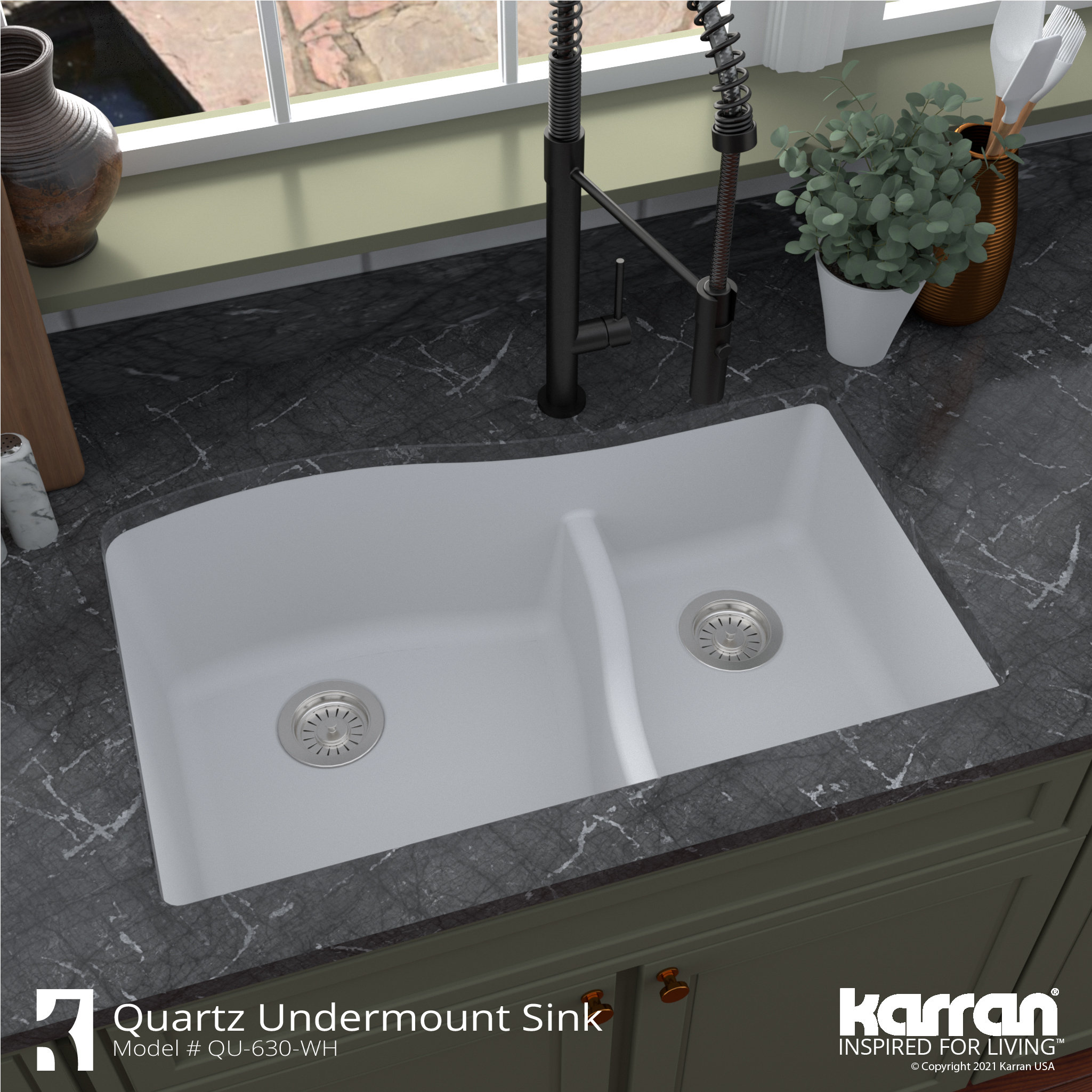 Karran Undermount Quartz 32" 60/40 Double Bowl Kitchen Sink, White