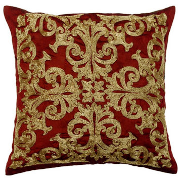 Designer 14"x14" Zardosi Red Art Silk Throw Pillow Covers - Admirable