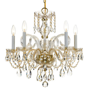 Traditional Crystal 5 Light Chandelier, Polished Brass, Clear Hand Cut, 22"