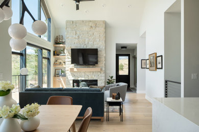 Example of a minimalist open concept light wood floor living room design in Denver with a ribbon fireplace, a stone fireplace and a wall-mounted tv