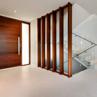 На фото: прихожая в современном стиле с белыми стенами, поворотной входной дверью и входной дверью из темного дерева с