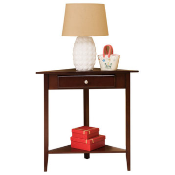 Wood Corner Sofa Accent Table, Plant Stand With Drawer, Walnut Finish