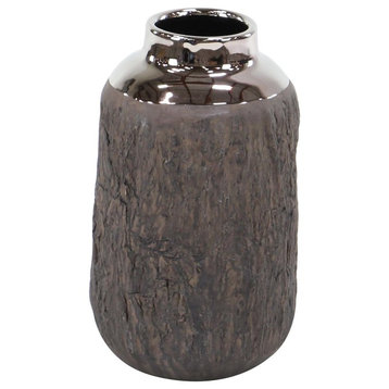 Contemporary Tree Bark Design Ceramic Vase, Set of 2, Silver and Gray, 6"