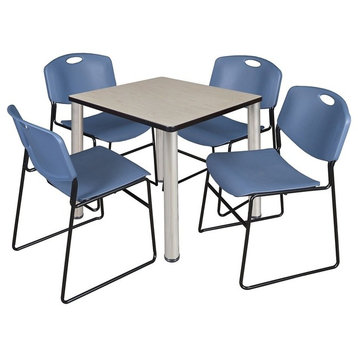 Kee 30" Square Breakroom Table, Maple/ Chrome and 4 Zeng Stack Chairs, Blue