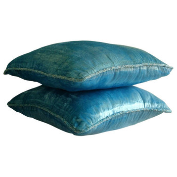Luxury Mirror Aqua Blue Accent Pillows, 22"x22" Velvet Pillowcase, Aqua Shimmer