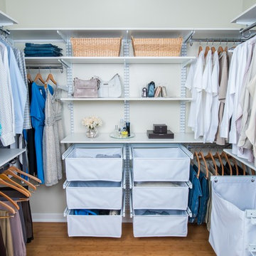 Walk in closet w/ Canvas Baskets | Organized Living freedomRail