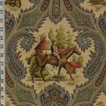 Brick House Fabrics - Horse Jockey Fabric Paisley Blue Toile, Standard Cut - A horse jockey toile fabric. A horse riding toile paisley fabric. An elaborate paisley pattern, predominately done in deep blue, lighter dusty blue, gold, browns ,and grey, with touches of red and beige, forms a border around two scenes that alternate on the fabric.