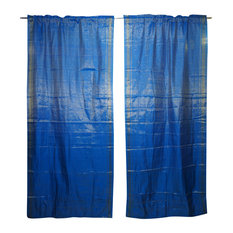 Mogul Interior - 2 Indian Curtains Silk Sari Blue Wedding Decoration Door Panel - Curtains