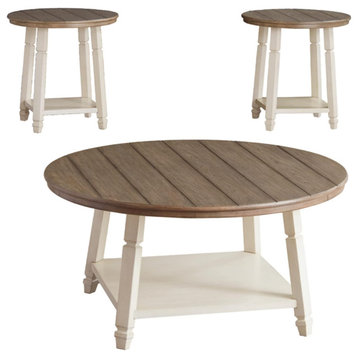 3 Pieces Coffee Table Set, Bottom Shelf & Round Plank Top, Antique White/Brown