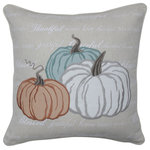 Pillow Perfect - Natural Thankful Pumpkins Harvest Decorative Pillow Multicolored - Bringing grace to your gathering place, this decorative pillow features a patch of softly toned embroidered pumpkins appliqued atop an endearing printed script. The natural base cloth and welt cord adds a homespun textured look and an organic feel. These sentiments and pumpkin details will warm the hearts you hold dear this harvest season.  Additional features of this throw pillow include a zippered closure and pillow insert filled with recycled polyester fiber-fill.