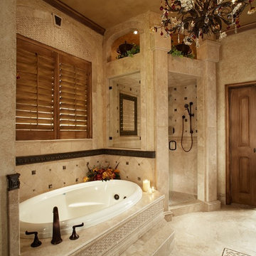 Warm, Elegant Bathroom with Dark Wood Cabinets