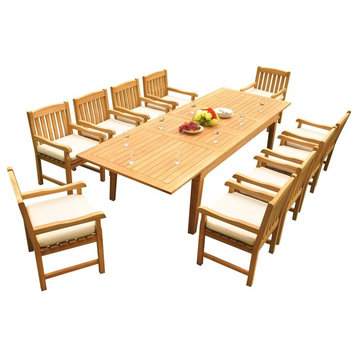 11-Piece Outdoor Teak Dining Set, 122" Extension Table, 10 Devon Arm Chairs