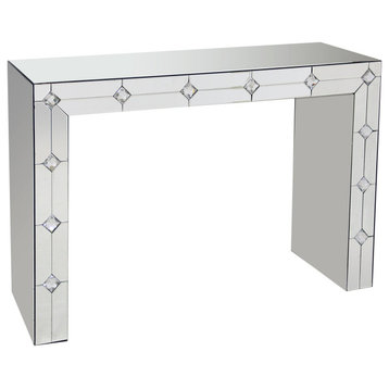 Contemporary Console Table, Mirrored Design With Faceted Diamond Crystal Accents