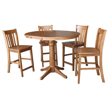 36" Round Extension Dining Table With San Remo Counter Height Stools, Distressed Oak, 5 Piece