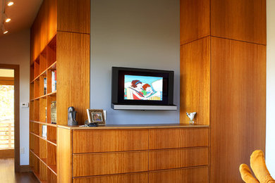 Example of a large minimalist medium tone wood floor bedroom design in Minneapolis with blue walls