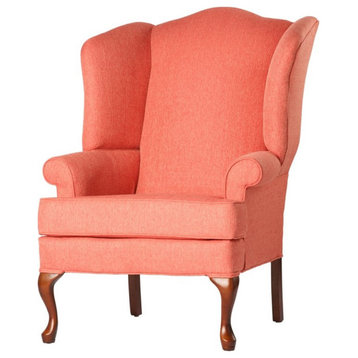 Bowery Hill Traditional Coral Fabric Wing Back Chair in Cherry