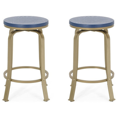 Noble House Skyla Modern Swivel Counter Stool in Blue and Gold (Set of 2)