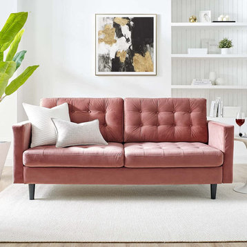 Mid Century Sofa, Velvet Upholstery With Button Tufted Seat & Back, Dusty Rose