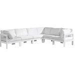 Meridian Furniture - Nizuc Water Resistant Patio L-Shaped Modular Sectional, White, 6-Piece: 3 Armless Chair, 3 Corner Chair, White Aluminum Frame - Pick and choose your favorites from the Nizuc collection to create a modular seating group the whole gang will enjoy. The sturdy aluminum frame provides dependable support for friends and family as they relax and unwind, and the resilient white water resistant fabric stands up to the elements without losing its beautiful demeanor, so you can count on it lasting for the long haul. Latches beneath these seating pieces help you easily attach them to one another for convenient setup.