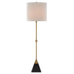 Currey & Company - 36" Recluse Table Lamp in Vintage Brass and Black - A slender form made of brass with a tapered granite base makes the Recluse Table Lamp apropos for so many design styles. The vintage brass finish on the metal and the pyramid-shaped black granite base combine to anchor the brass lamp topped with a bone linen shade.  This light requires 1 , 60W Watt Bulbs (Not Included) UL Certified.
