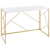 47 Modern White Rectangular Home Office Desk with Pine Wood Table Top &  Gold Frame