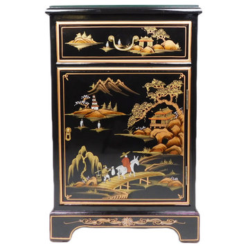 Black Lacquer Oriental End Table With Landscape Painting