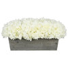 Artificial White Hydrangea in Grey-Washed Wood Ledge