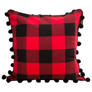 Buffalo Plaid with Pom Pom Design Throw Pillow (Case+Insert, 17"x17")