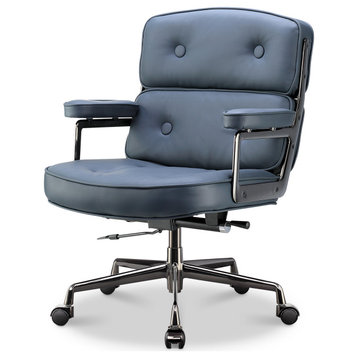 Lobby Chair With Lumbar Support Ergonomic Liftable Mid-Back Executive Chair, Black Chrome& Navy Blue