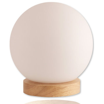 Glass Globe Table Lamp Natural Wooden Base With Round Glass Shade