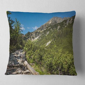 Tourist Trail in High Mountains Landscape Printed Throw Pillow, 16"x16"