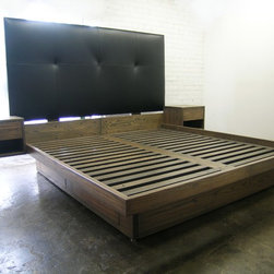 platform bed with drawers, sidetables and leather headboard - Furniture