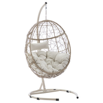 Crosley Furniture Cleo Outdoor Wicker / Rattan Hanging Egg Chair in Light Beige