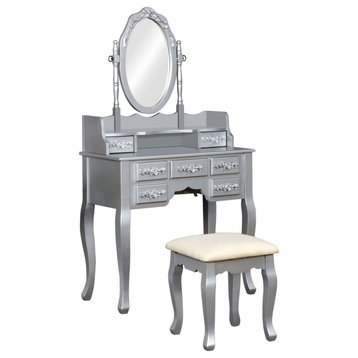 Classic Vanity Set, Cabriole Legs & Floral Carving Drawers & Oval Mirror, Silver