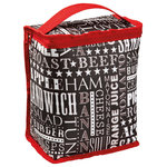 Ulster Weavers - Packed Lunch Upright Lunch Bag - A perfectly sized black lunch bag with words of lunch ideas on the outside and red trip. With a zip up top to keep everything in place, this bag is ideal for cool lunches. Our lunch bags are exceptionally practical and require very little maintenance, just a quick wipe inside and out with a damp cloth to keep it pristine. Be sure to look at other gorgeous designs available in our lunch bags.