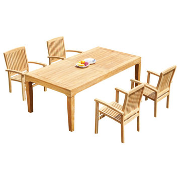 5-Piece Outdoor Teak Dining Set: 122" Rectangle Table, 4 Wave Stacking Arm Chair