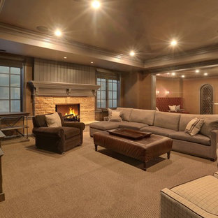 Inspiration for an expansive traditional fully buried basement in Chicago with purple walls, carpet, a standard fireplace and a stone fireplace surround.