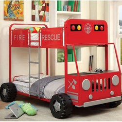 RESCUER II KIDS RED SILVER FIRE TRUCK DESIGN TWIN TWIN BUNK BED - Kids Beds