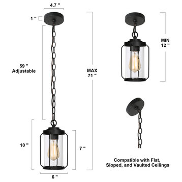 Modern Black Outdoor Pendant Lights Farmhouse Lantern with Clear Shade