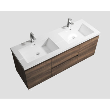 Alma-Pre 60" Cement Gray Double Sink Vanity With White Sink, Brown