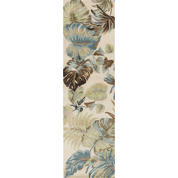 HomeRoots 8' Ivory Blue Hand Tufted Tropical Leaves Indoor Runner Rug
