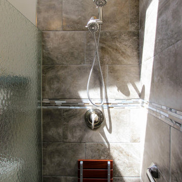 Small Masterbath with Green Cabinetry, Custom Tiled Shower and Storage