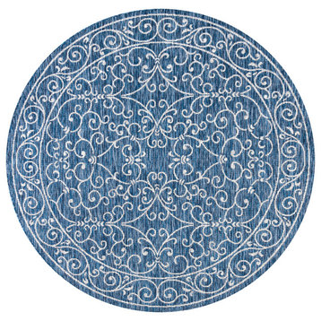 Charleston Filigree Textured Weave Indoor/Outdoor, Navy/Gray, 5'3" Round