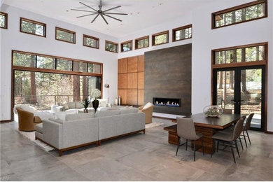 Inspiration for a huge open concept concrete floor and gray floor living room remodel in Other with a ribbon fireplace and a concrete fireplace