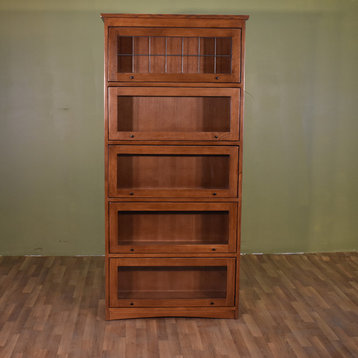 Mission Craftsman Quarter Sawn Oak, Leaded Glass Barrister Bookcase, 5-Shelf